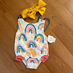 NEW 🌈 Mud Pie Rainbow Swimsuit with Snap bottom matching headband
